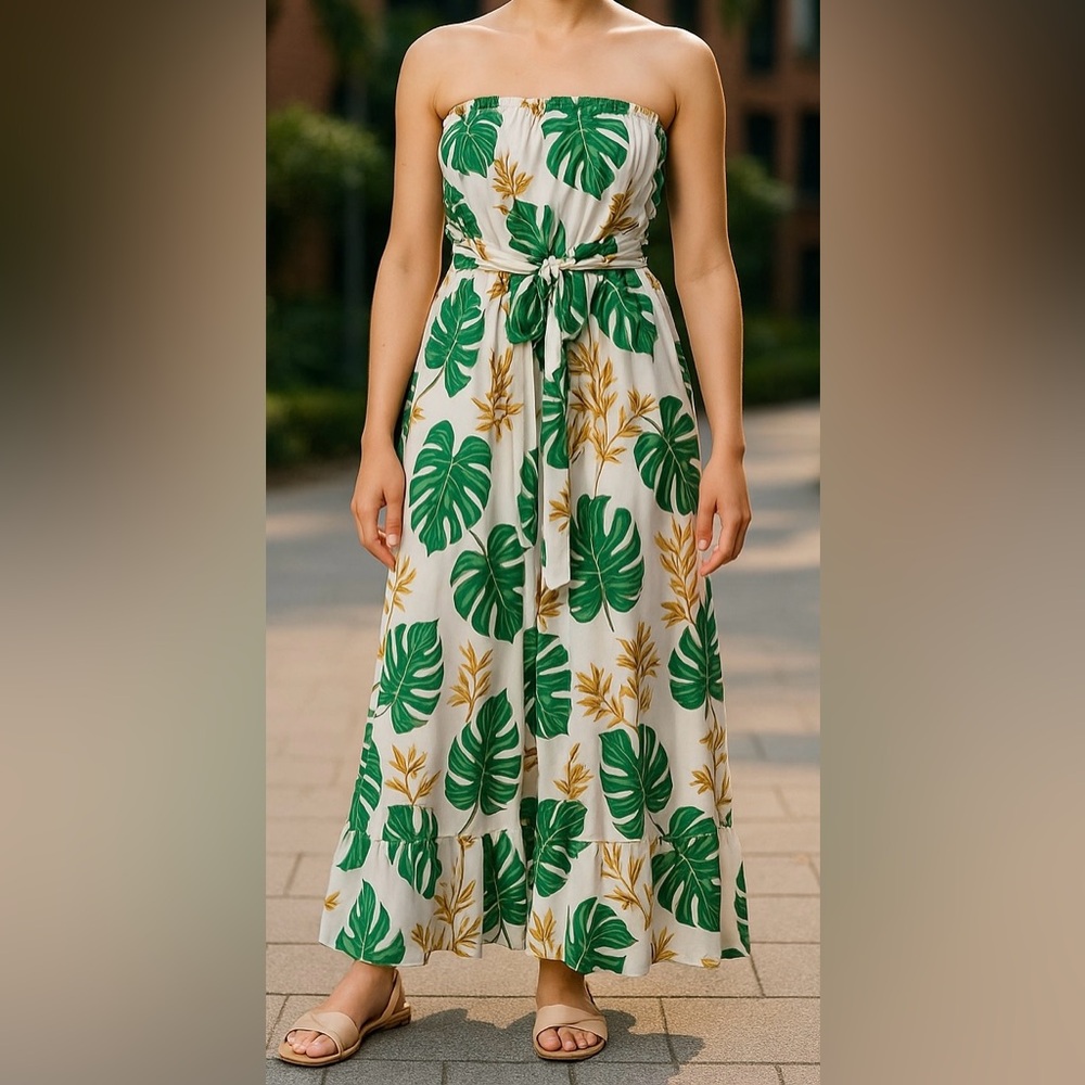 Strapless Green Leaf Print Maxi Dress